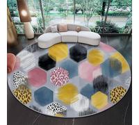 Tapis Rond Lavable en Machine 100 cm Rond, Éléments Dynamiques Géométrie Hexagones Décoration Antidérapant - pour Salon Chambre Cuisine Balcon Terrasse Salle à Manger Intérieur Extérieur Jaune Rosé