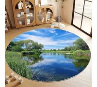 Tapis Rond Lavable en Machine 150 cm, Tapis Interieur Antidérapant Réaliste Nature Moderne Lac - pour Chambre à Coucher Salon d'entrée et Salle à Manger, Bleu