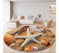 Tapis Rond Lavable en Machine 160 cm - Photographie Plage Étoiles de mer Coquillages Tapis Rond imprimé antidérapant à Poils Courts pour Salon Chambre d'enfant décoration de Chambre, Coloré