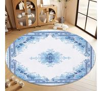 Tapis Rond Lavable en Machine 160 cm, Tapis Interieur Antidérapant Minimaliste Élégant Fleurs Traditionnel - pour Chambre à Coucher Salon d'entrée et Salle à Manger, Bleu-Blanc