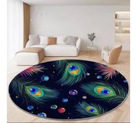 Tapis Rond Lavable en Machine 180 cm, Plumes De Paon De Dessin Animé Décoration Antidérapant pour Salon Chambre Cuisine Balcon Terrasse Salle à Manger Intérieur Extérieur, Bleu Foncé