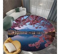 Tapis Rond Lavable en Machine 180 cm, Tapis Interieur Antidérapant Naturel Réaliste Floral Cerisier en Fleurs - pour Chambre à Coucher Salon d'entrée et Salle à Manger, Bleu