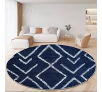 Tapis Rond Lavable en Machine 180 cm - Texture Lignes Losange Tapis Rond imprimé antidérapant à Poils Courts pour Salon Chambre d'enfant décoration de Chambre, Bleu foncé Blanc