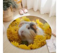 Tapis Rond Lavable en Machine 60cm, Photographie Style Carpette Douce Antidérapant Flanelle Mignon Fleurs Animaux Cochon d'Inde Imprimé Tapis pour Salon Chambre Canapé Natte Jaune