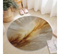 Tapis Rond Lavable en Machine 90 cm, Plumes Abstraites Décoration Antidérapant pour Salon Chambre Cuisine Balcon Terrasse Salle à Manger Intérieur Extérieur, Beige Or