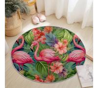 Tapis Rond Lavable en Machine, Aquarelle Flamant Rose Feuilles Imprime Antidérapant Paillassons, Vert Doux Flanelle Intérieur & Extérieur Tapis pour Salon Chambre Cuisine Balcon, 180 cm