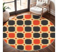 Tapis Rond Lavable en Machine Art GéOméTrique MéDiéVal Décoration de Chambre pour Adultes et Enfants, Orange Noir Antidérapant Doux Poils Ras Grand Tapis Rond de Salon, 160cm Circulaire