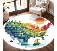 Tapis Rond Lavable en Machine Illustration CréAtive D'Une Carte AméRicaine Décoration de chambre pour adultes et Enfants, Coloré Antidérapant Doux Poils Ras Grand Tapis Rond de Salon, 80cm Circulaire