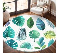 Tapis Rond Lavable en Machine Illustrations de Plantes Tropicales Décoration de chambre pour adultes et Enfants, Blanc Antidérapant Doux Poils Ras Grand Tapis Rond de Salon, 180cm Circulaire