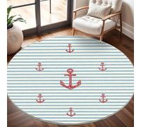 Tapis Rond Lavable en Machine Impressions D'Ancres Rouges Décoration de chambre pour adultes et Enfants, Rayures Bleu Clair Antidérapant Doux Poils Ras Grand Tapis Rond de Salon, 120cm Circulaire