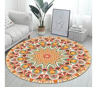 Tapis Rond Lavable en Machine, Morbuy Style Nordique Interieur Anti Slip Chambre à Coucher Salon Tapis d'Entrée Absorbant Antidérapant - Imprimé Mandala Rouge (Orange,80cm)