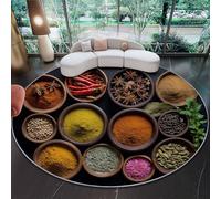 Tapis Rond Lavable en Machine Velours Ras avec Dessous Antidérapant Tapis Imprimé Photographie Gros Plan épices Bol en Bois pour Salon Chambre Chambre d’Enfant (Coloré, 140 cm)