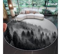 Tapis Rond Lavable en Machine Velours Ras avec Dessous Antidérapant Tapis Imprimé Rêveur mystérieux pins Brume pour Salon Chambre Chambre d’Enfant (Noir Gris, 60 cm)
