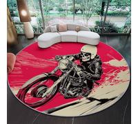 Tapis Rond Lavable en Machine Velours Ras avec Dessous Antidérapant Tapis Imprimé Style BD Squelette Moto Dessin au Trait pour Salon Chambre Chambre d’Enfant (Coloré, 120 cm)