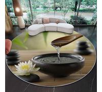 Tapis Rond Lavable en Machine Velours Ras avec Dessous Antidérapant Tapis Imprimé Style Zen Lotus Bol en Pierre Rideau de Bambou pour Salon Chambre Chambre d’Enfant (Coloré, 80 cm)