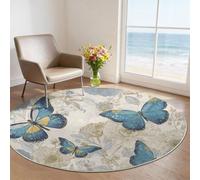 Tapis Rond Lavable Motif Champs Ruraux Animaux Papillons Fleurs Décoration De Chambre pour Adultes Enfants, 120 cm Moderne Salon Intérieur Antidérapant Tapis Rond, Bleu