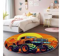 Tapis Rond Lavable Motif Dessin Animé Monstre Géant Camion Décoration De Chambre pour Adultes Enfants, 90 cm Moderne Salon Intérieur Antidérapant Tapis Rond, Couleur Orange