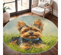 Tapis Rond Lavable Peinture à L'Huile D'Un Yorkshire Terrier Décoration de chambre pour adultes et Enfants, Pelouse Verte Antidérapant Doux Poils Ras Grand Tapis Rond de Salon, 200cm Circulaire