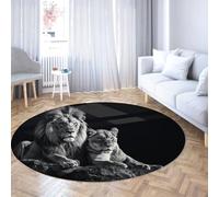 Tapis Rond Lavable Portraits d’Animaux 90cm Salon à Motif Couple de Lion d’Afrique Salon antidérapant intérieur à Poils Bas Moquette pour Salle à Manger d’entrée