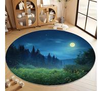 Tapis Rond Lavable Salon, Tapis de Sol Antidérapant Plantes Forêt Prairie Lucioles pour Salle de Jeux Cuisine Chambre d'enfant d'adolescent - Bleu Nuit Confortable Moquette 180 cm
