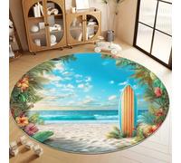 Tapis Rond Lavable Salon, Tapis de Sol Antidérapant Tropical Plage Feuilles Planche De Surf pour Salle de Jeux Cuisine Chambre d'enfant d'adolescent - Bleu Confortable Moquette 100 cm
