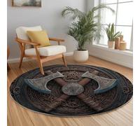 Tapis Rond Lavables Marron Foncé, Tapis à Poils Courts Doux Antidérapants Mystérieux Rétro Viking Hache pour Chambre Cuisine Balcon, Salon et Salle à Manger, 180 cm