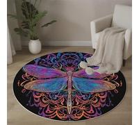 Tapis Rond Libellule Colorée 100 cm, Tapis à Poils Courts Art du Mandala Lavable en Machine Antidérapant Décoratif Rond pour Salon Chambre Salle à Manger, Violet Néon