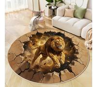 Tapis Rond Lion d'or Perçant Le Mur pour Chambre à Coucher, Art Fantastique en 3D Illusionniste Tapis Rond Antidérapant Poils Ras Et Doux pour Chambre à Coucher Cuisine Salon Maison (120cm, Brun)