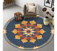 Tapis Rond Mandala Bleu Orange Tapis Exterieur Rond pour Jardin Terrasse Intérieur Salon Chambre Antidérapant Court en Peluche Doux Lavable en Machine 100 cm