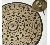 HOMESCAPES Tapis Rond Mandala en Jute, Tapis Naturel à Motif géométrique Noir 200 cm
