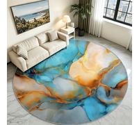 Tapis Rond Marbré Lignes Dorées Salon, Poil Court Antidérapant 100 cm | Courbes Dorées Effet Estompé Fond Bleu, Toucher Doux Antisalissure, Lavable en Machine, Parfait pour Bureau et Séjour