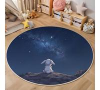 Tapis Rond Mignon Lapin Ciel Étoilé 180 Cm, Lavable En Machine Pour Salon, Ne Perd Pas Ses Poils, Antidérapant | Tapis Paysage De La Voie Lactée Pour Chambre À Coucher Chambre D'Enfant, Bleu Foncé
