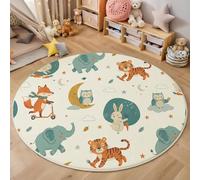 Tapis Rond Mignon Lapin Tigre Éléphant Lavable Tapis Illustrations D'Animaux Poils Courts, Moquette Doux Et Antidérapant Diamètre Couleur Crème Facile D'Entretien, Paillasson 120 Cm Pour Salon Chambre