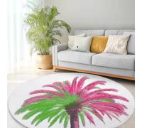 Tapis Rond Moderne 120 cm Minimalisme Plantes Rose Vert Palmiers, Tapis Lavable Imprimé Moquette à Poils Courts Blanc Salle de Jeu - Moquette Doux Antidérapant pour Chambre Salon Adulte et Ado