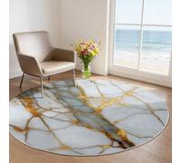 Tapis Rond Moderne 160 cm et Moquette Ronde Salon, Design Abstrait Marbre Géométrique, Tapis Circulaire Antidérapant et Doux, Idéal pour Décoration Chambre et Salle à Manger, Blanc Or
