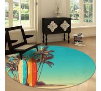 Tapis Rond Moderne 180 cm Vintage Plage Palmiers Planche de Surf, Tapis Lavable Imprimé Moquette à Poils Courts Bleu Cyan Salle de Jeu - Moquette Doux Antidérapant pour Chambre Salon Adulte et Ado