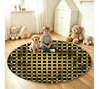 Tapis Rond Moderne Abstrait 200 cm Enfant Paillasson Lavable Antidérapant | Géométrique Grille Carré Doré Tapis d'entrée Intérieur, Doux Poils Courts, Pour Chambre, Salle de Jeux