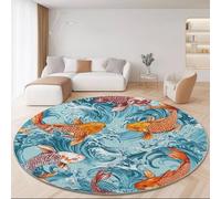 Tapis rond moderne antidérapant et lavable en machine pour salon, chambre à coucher et chambre d'enfant - Motif vagues de poissons japonais - 120 cm - Bleu clair