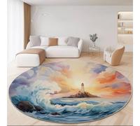Tapis rond moderne antidérapant et lavable en machine pour salon, chambre à coucher et chambre d'enfant - Motif vagues de poissons japonais - 120 cm - Bleu clair