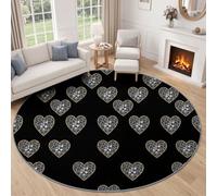 Tapis Rond Moderne Tendance Doux Lavable Salon 100 cm Noir | Cœurs Imprimé Léopard Perles Diamants Imprimé Poils Courts Antidérapant Facile à entretenir Tapis pour Chambre Cuisine Bureau