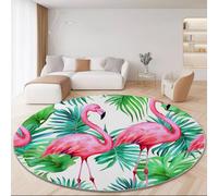 Tapis Rond Moelleux 100 cm pour Salon Chambre Terrasse Intérieur, Nature Plantes Flamant Rose Thème Lavable en Machine Antidérapant Tapis Rond pour Décoration D'intérieur, Vert