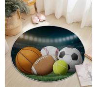 Tapis Rond Moelleux 100 cm pour Salon Chambre Terrasse Intérieur, Sports Scènes Sportives Ballons Thème Lavable en Machine Antidérapant Tapis Rond pour Décoration D'intérieur, Vert