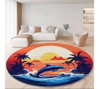 Tapis Rond Moelleux 160 cm pour Salon Chambre Terrasse Intérieur, Île Tropicale Vagues De L'Océan Dauphins Thème Lavable en Machine Antidérapant Tapis Rond pour Décoration D'intérieur, Bleu Orange