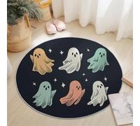 Tapis Rond Moelleux 90 cm pour Salon Chambre Terrasse Intérieur, Kawaii Dessin Animé Fantomatique Thème Lavable en Machine Antidérapant Tapis Rond pour Décoration D'intérieur, Noir