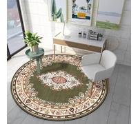 Tapis rond moelleux antidérapant - 90 cm - Lavable - Pour chambre à coucher et salon - Motif floral ethnique - Vert - Décoration d'intérieur