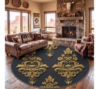 Tapis Rond Motif Baroque Jacquard Or Damassé Lavable Salon Chambre 200 cm | Poils Courts Antidérapant Tapis Traditionnel pour Cuisine et Bureau Descente de Lit Imprimé Facile à Entretenir
