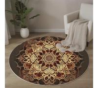 Tapis Rond Motif Mandala 100 cm, Tapis à Poils Courts De Magnifiques Fleurs Lavable en Machine Antidérapant Décoratif Rond pour Salon Chambre Salle à Manger, Brun