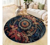 Tapis Rond Motifs Mandalas Salon Classic Shaggy Chambre Floraux Complexes Poils Ras Antidérapant Fluffy pour Rugs (100cm, Bleu Foncé)