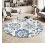 Tapis Rond Motifs Tribaux Indiens Descente De Lit Art du Mandala Moquette Antidérapant Lavable à Poils Ras pour Chambre à Coucher, Salle a Manger, Salon, Table Basse - 100 cm - Bleu Clair