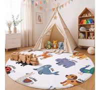 Tapis Rond Multicolore 160cm, Tapis Salon Guide Des Animaux Mignons De Dessin Animé Lavable | Doux Poil Ras Avec Panda Girafe Hérisson, Dessous Antidérapant Pour Chambre Enfant, Salle De Jeux, Chambre